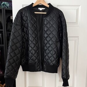 Good American Black Faux Leather Quilted Bomber Jacket